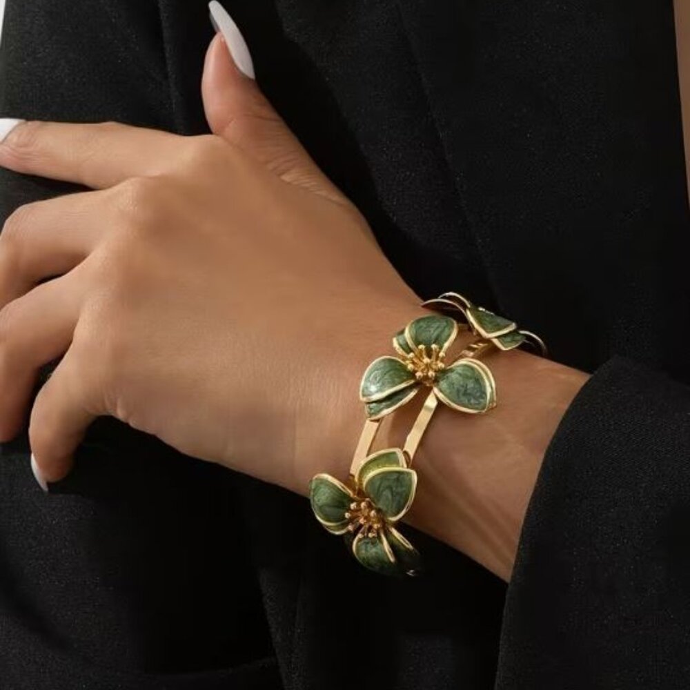 legant Green Floral Open Cuff Bracelet for Women